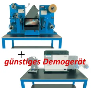 Demogerät: DTM LF140e + OKI Pro1050 Bundle besteht aus Oki 1050 Pro Farbetikettendrucker, LF140e Finisher, RW-7 Aufwickler/Abwickler, 11.6'' touch screen PC, Arbeitstische