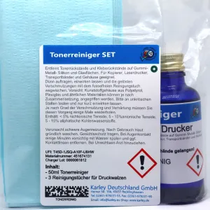 50ml Flasche Tonerreiniger  + 3 Reinigungstücher für Laser, Dry-Toner Drucker und Kopierer Walzen