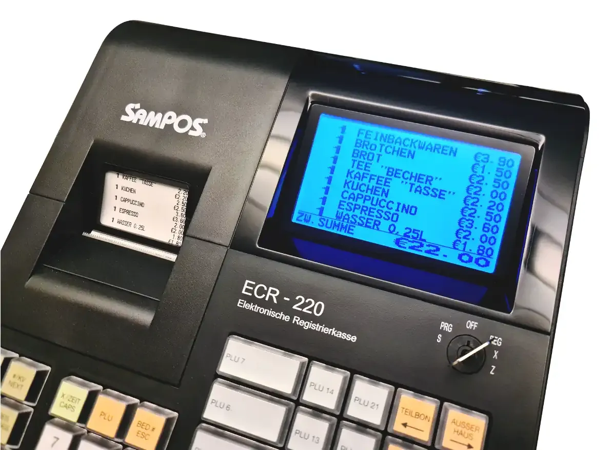 SAMPOS ECR-220 Elektronische Registrierkasse für GdPdU konforme Kassenvorgänge inkl. TSE Modul mit 5 Jahren Laufzeit und mit Schublade
