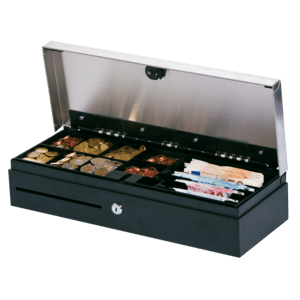 Metapace K-3, Edelstahl Kassenlade, Klappdeckel, Maße (BxHxT): 460x100x170mm, Einsatz: 6 Scheinfächer (vertikal), 8 Münzfächer 